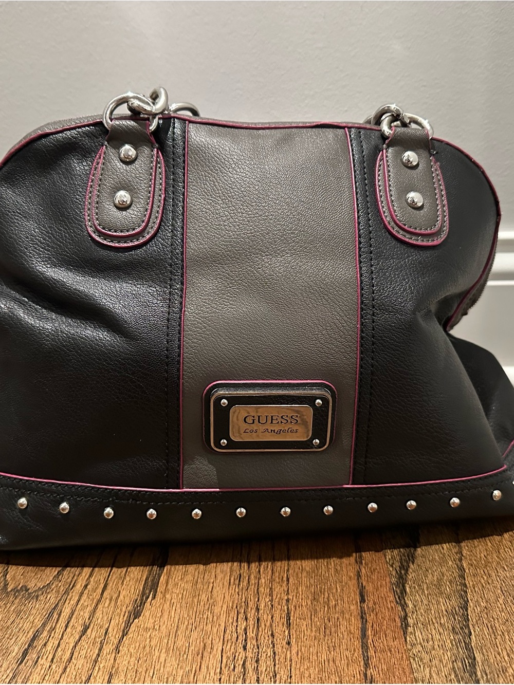 GUESS Black and Gray Tote with Pink Trim and Stud Accents *VINTAGE**